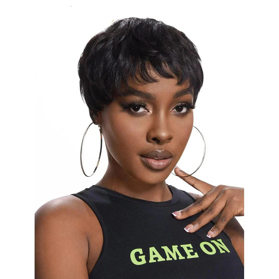180% Density Natural Black Pixie Bob Wig with Bangs | Short Straight Human Hair (with optional Wine Blonde 99J)