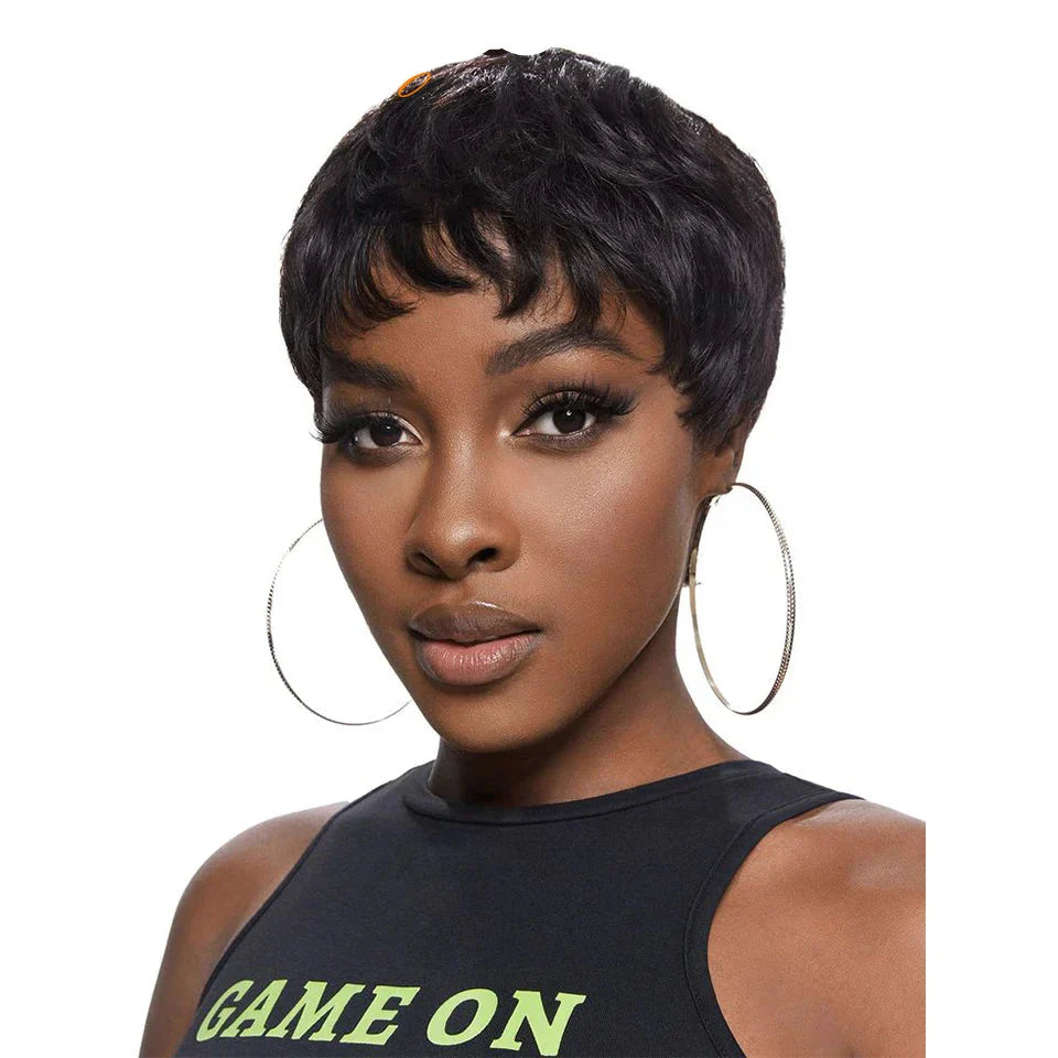 180% Density Natural Black Pixie Bob Wig with Bangs | Short Straight Human Hair (with optional Wine Blonde 99J)