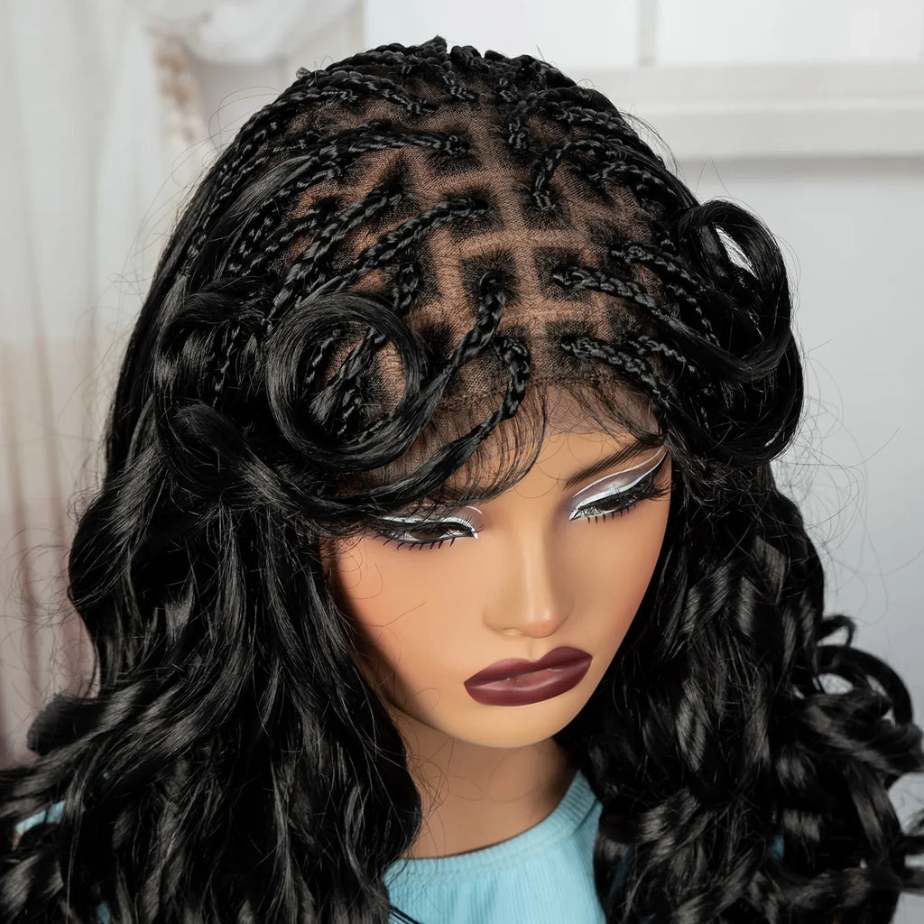 18" #27 Ombre Bouncy Wavy Braided Wig with Bangs | Knotless Box Braids | Full Lace Synthetic Wig with Baby Hair