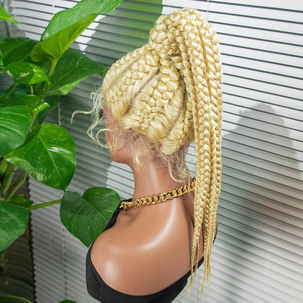 24" Box Braids 360 Lace Front Wig | Ponytail Style | Baby Hair | Synthetic African Braiding Hair