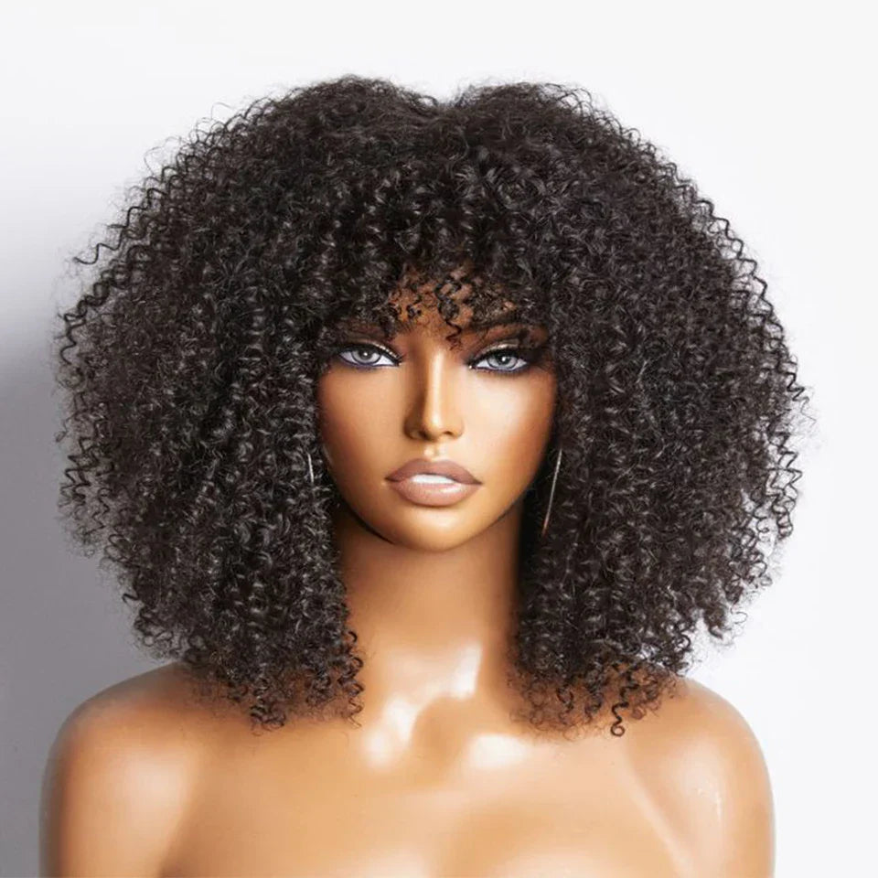 200% Density Short Afro Kinky Curly Human Hair Wig with Bangs | Sassy Fluffy Natural Growth Full Machine Made Wigs