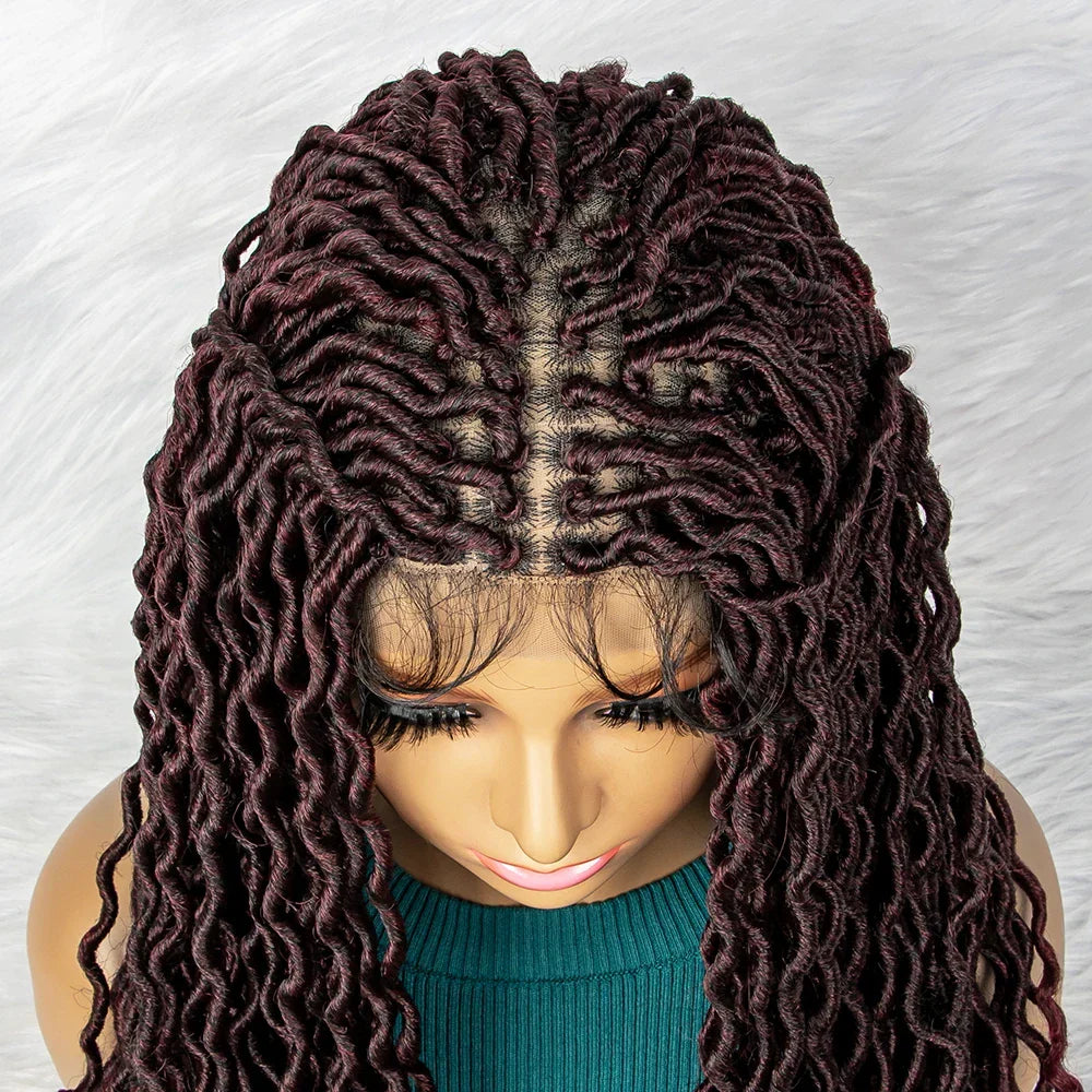 32" Burgundy Curly Dreadlocks Braided Wig | Lace Front with Baby Hair