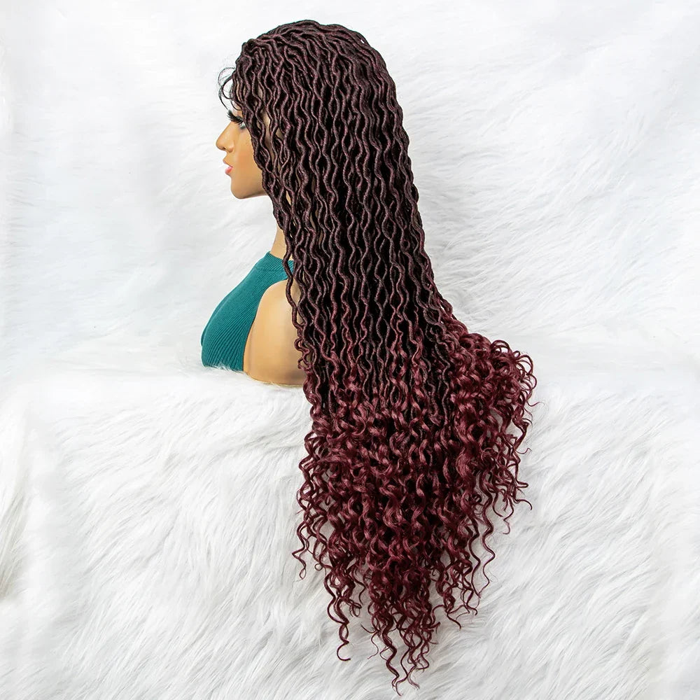 32" Burgundy Curly Dreadlocks Braided Wig | Lace Front with Baby Hair