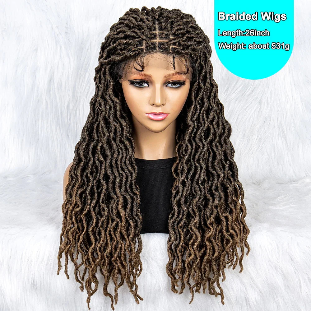 26" Goddess Locs Braided Wig | Lace Front Faux Locs Wig with Baby Hair | Synthetic Dreadlock Braids Wig for Women | Transparent Lace