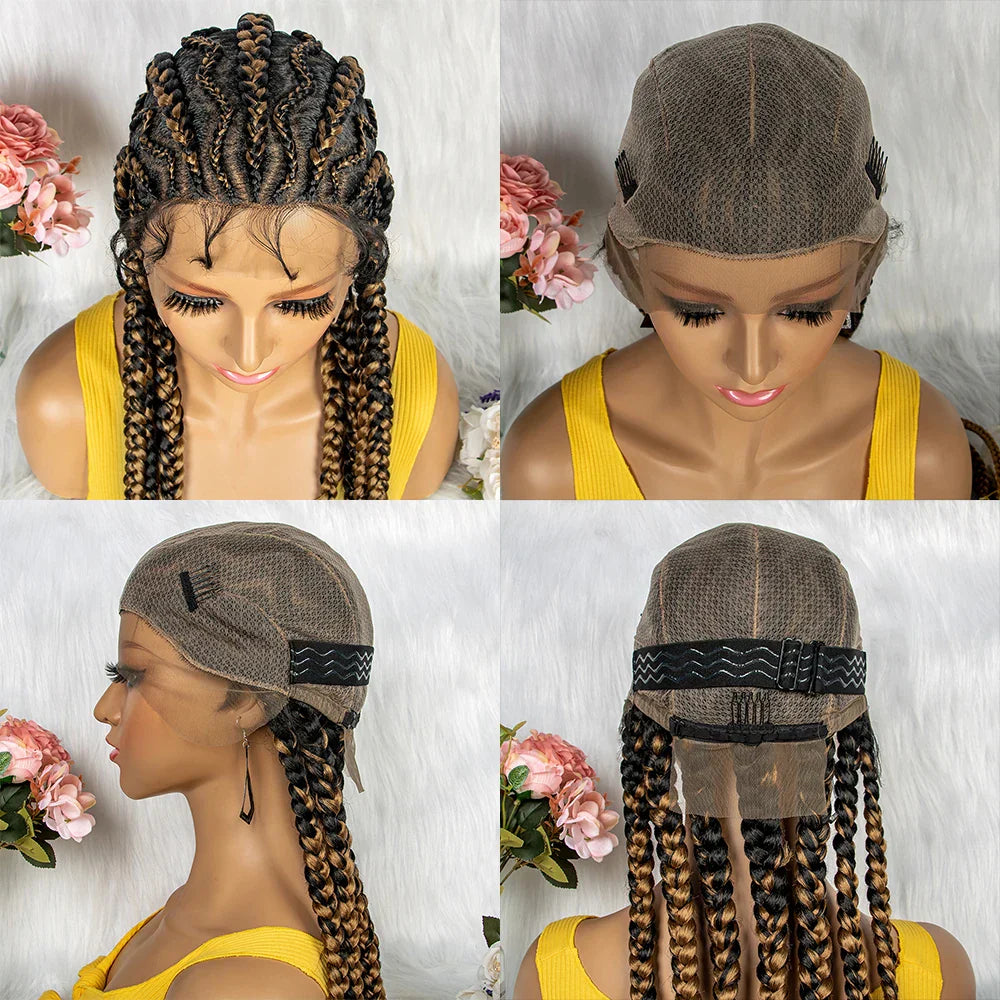 36" KIMA Cornrow Knotless Box Braided Full Lace Wig | Synthetic Braids for Black Women | Light Brown Lace