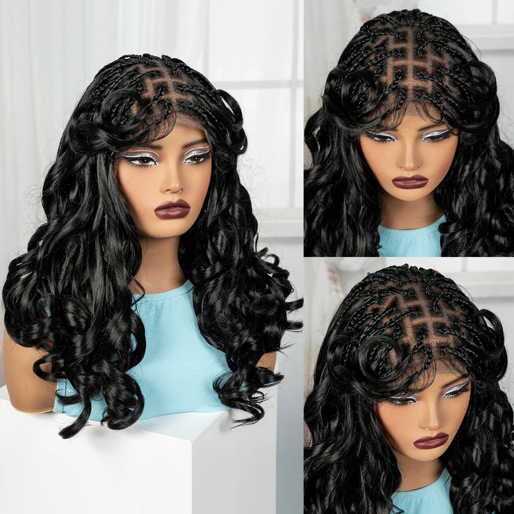 18" Bouncy Wavy Knotless Braids Wig | Full Lace | Bangs | Baby Hair