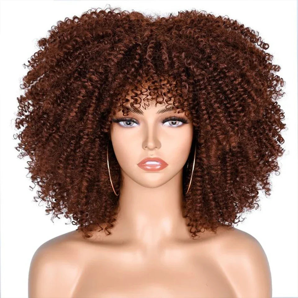 250% Density Afro Kinky Curly Wig with Bangs | Brown Glueless Human Hair