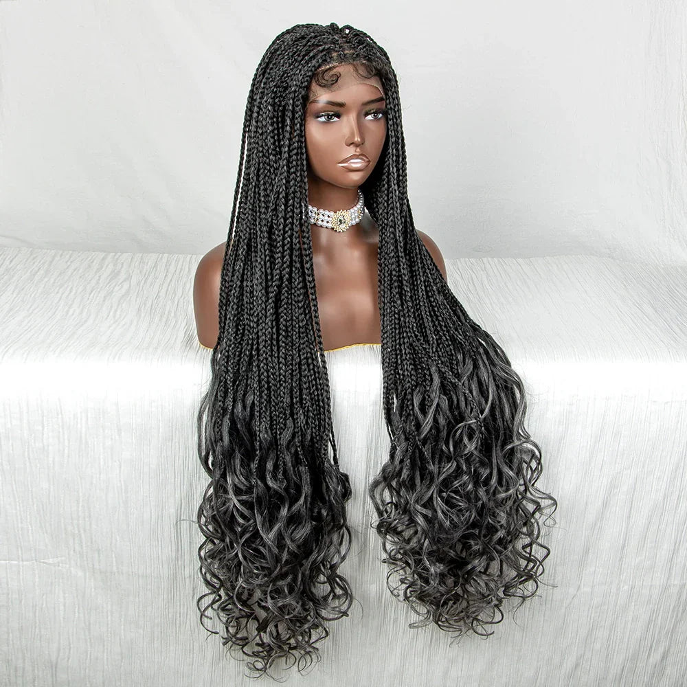 36" Water Wave Braided Wig | Lace Front | Baby Hair | Long Braids