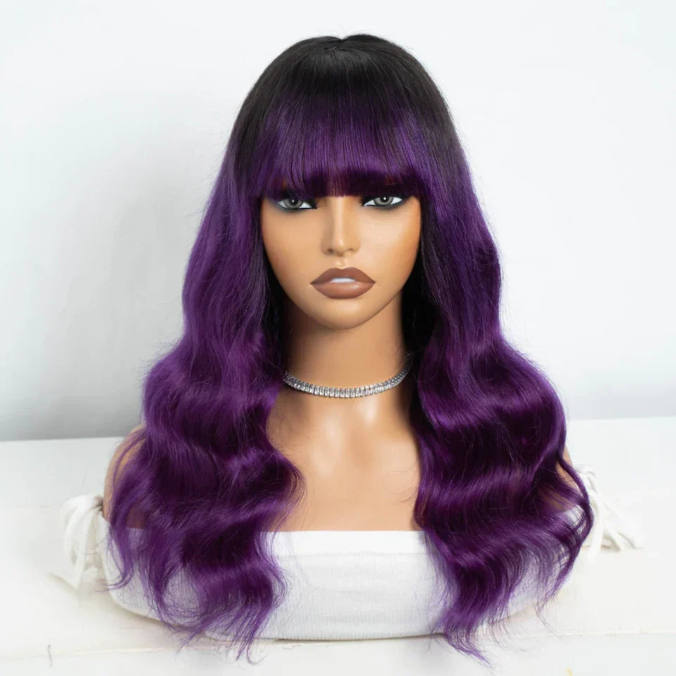 22" Body Wave Wig with Bangs | Full Machine Made Brazilian Virgin Remy Human Hair