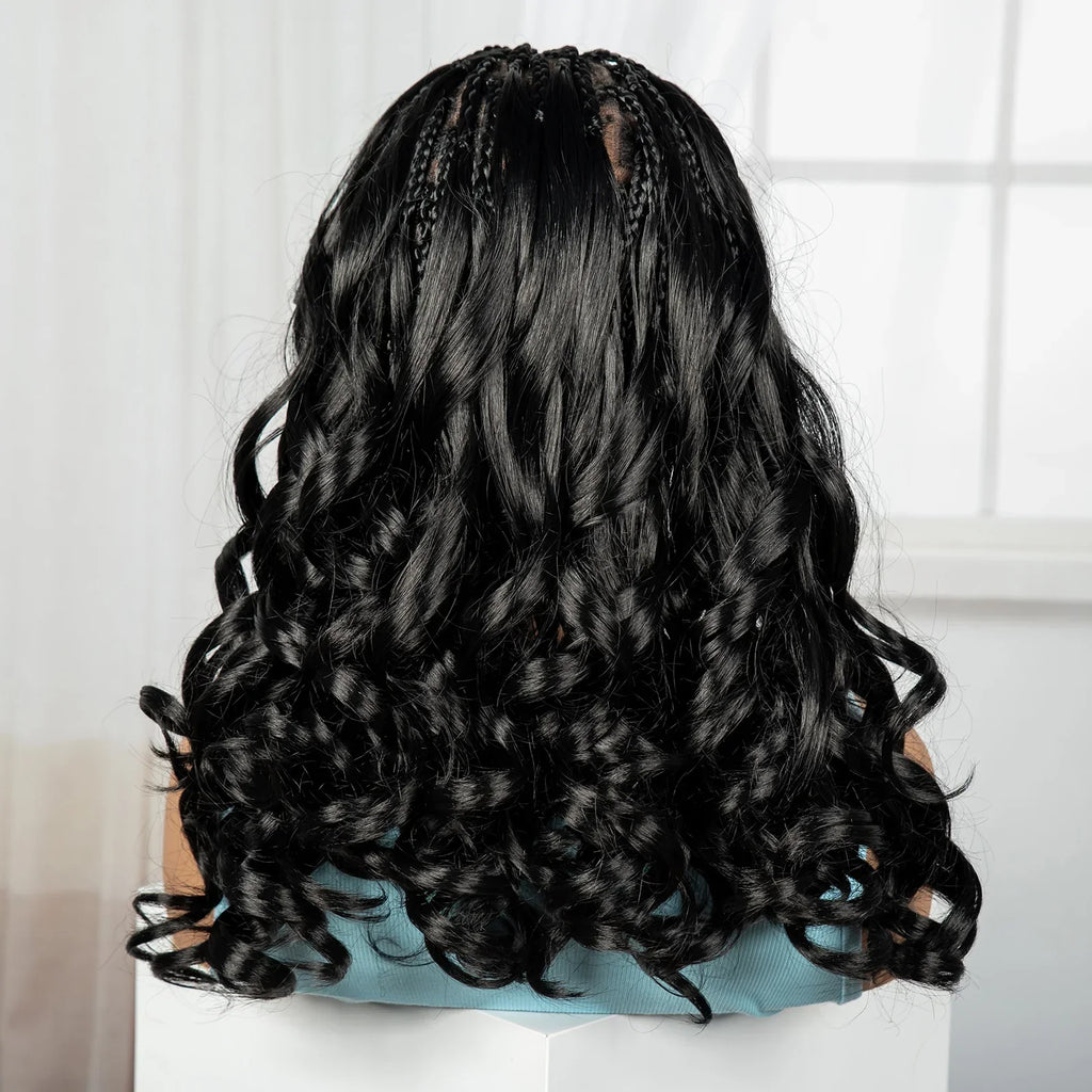 18" Bouncy Wavy Knotless Braids Wig | Full Lace | Bangs | Baby Hair