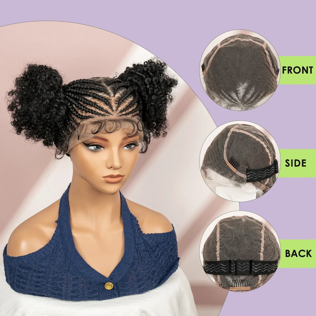 6" Short Afro Curly Wig | Twin Buns | 360 Lace | Cornrows | For Black Women