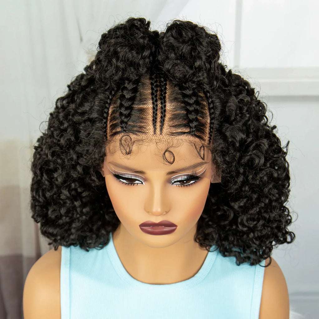 16" Cornrow Braids Wig with Afro Kinky Curly Ends | Knotless Lace Front | Baby Hair