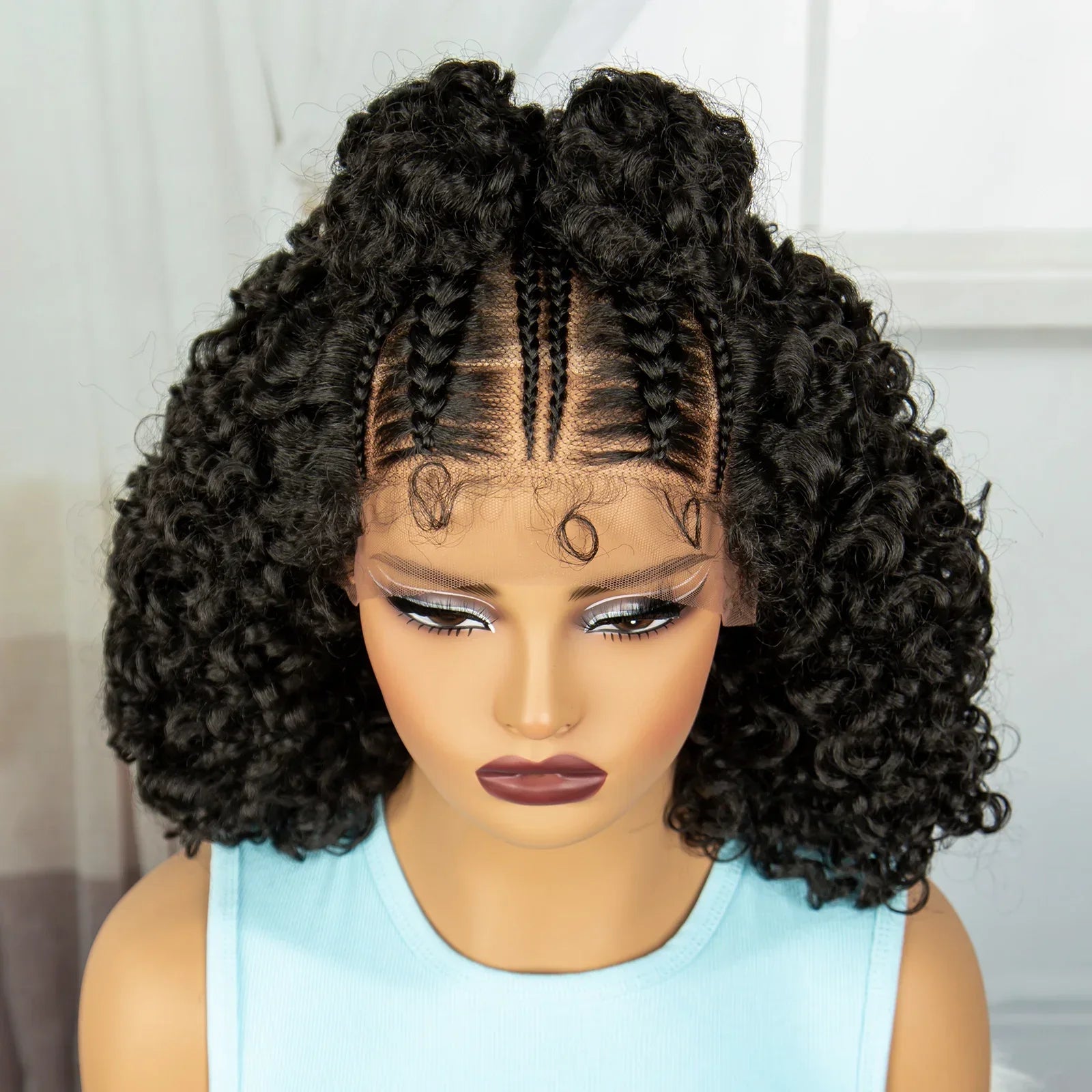 16" Cornrow Braids Wig with Afro Kinky Curly Ends | Knotless Lace Front | Baby Hair