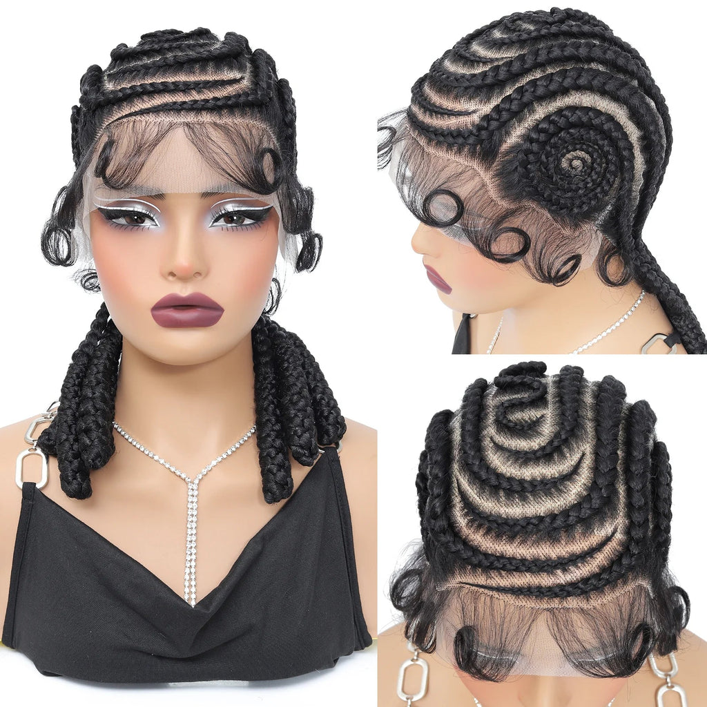 16" Full Lace Cornrow Braided Wig | Bantu Knots | Baby Hair | Synthetic Lace Frontal Braids for Black Women