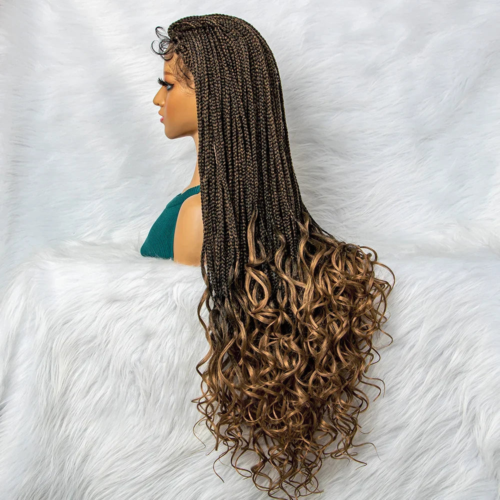 36" Water Wave Braided Lace Front Wig with Baby Hair | African Braids