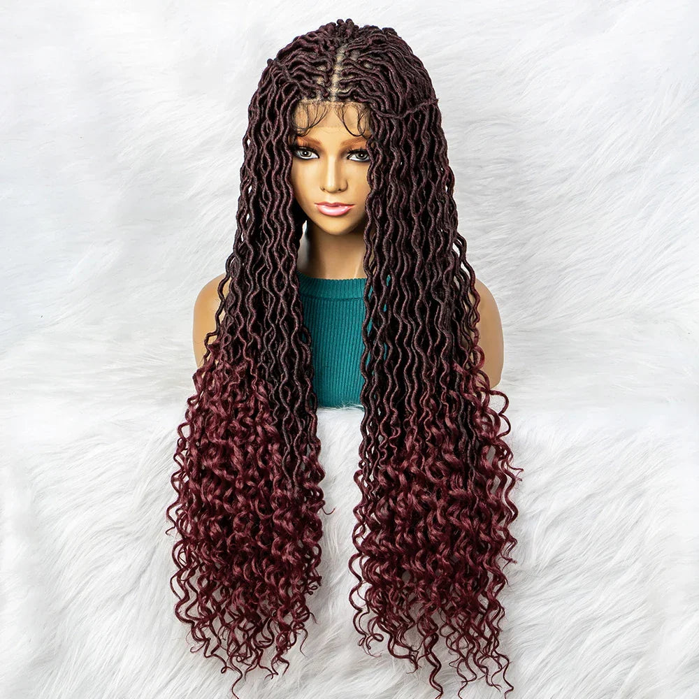 32" Burgundy Curly Dreadlocks Braided Wig | Lace Front with Baby Hair