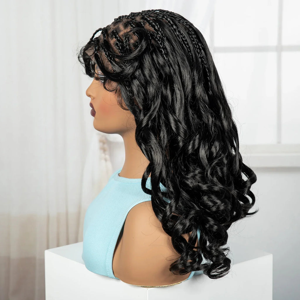 18" #27 Ombre Bouncy Wavy Braided Wig with Bangs | Knotless Box Braids | Full Lace Synthetic Wig with Baby Hair