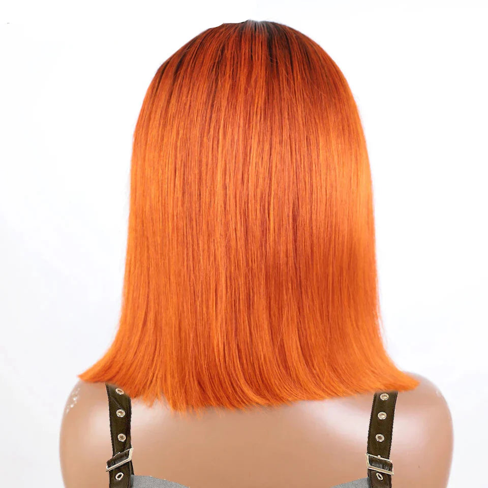 180% Density Dark Root Ginger Ombre Straight Bob Wig | Transparent T-Part Lace Front Human Hair