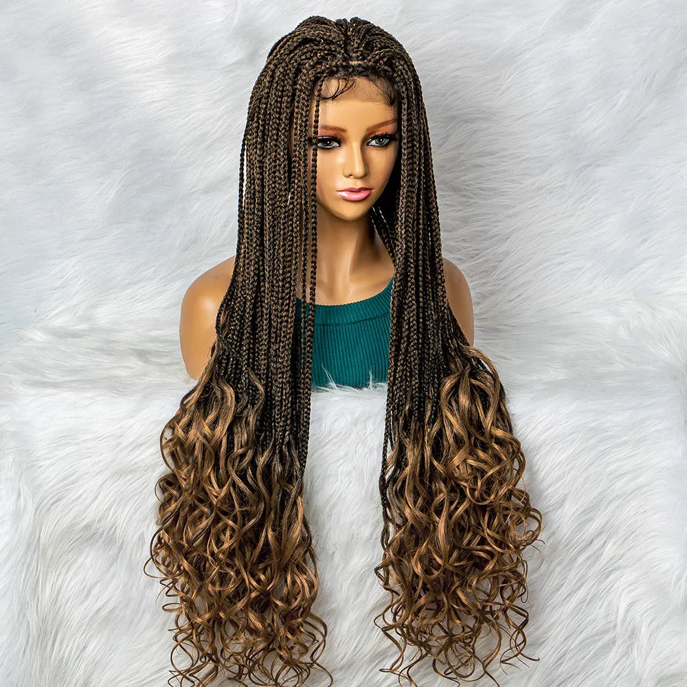 36" Water Wave Braided Lace Front Wig with Baby Hair | African Braids