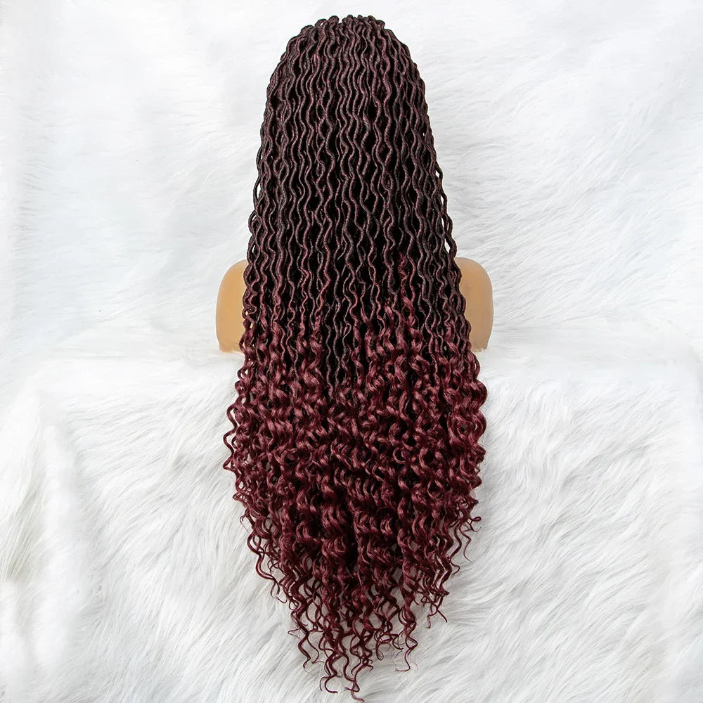 32" Burgundy Curly Dreadlocks Braided Wig | Lace Front with Baby Hair