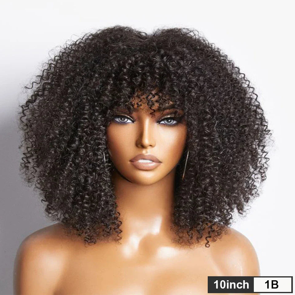 200% Density Short Afro Kinky Curly Human Hair Wig with Bangs | Sassy Fluffy Natural Growth Full Machine Made Wigs