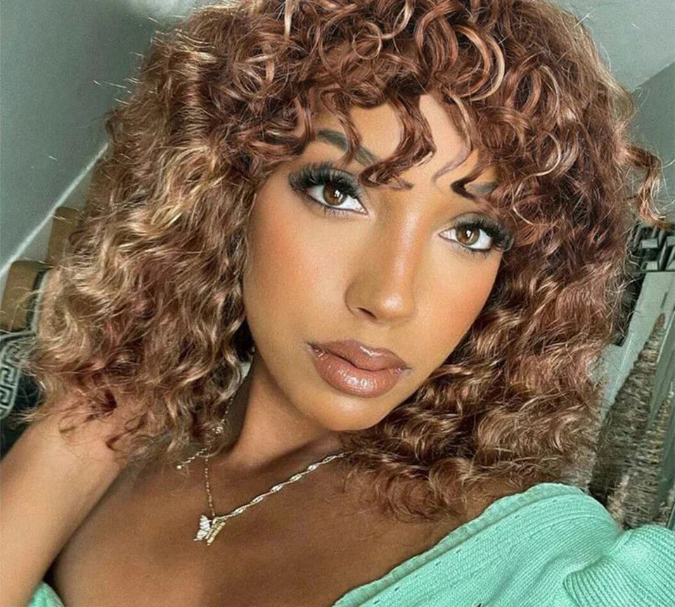 180% Density Jerry Curly Pixie Bob Wig with Bangs | Highlight 1B/P1B/30 Remy Human Hair