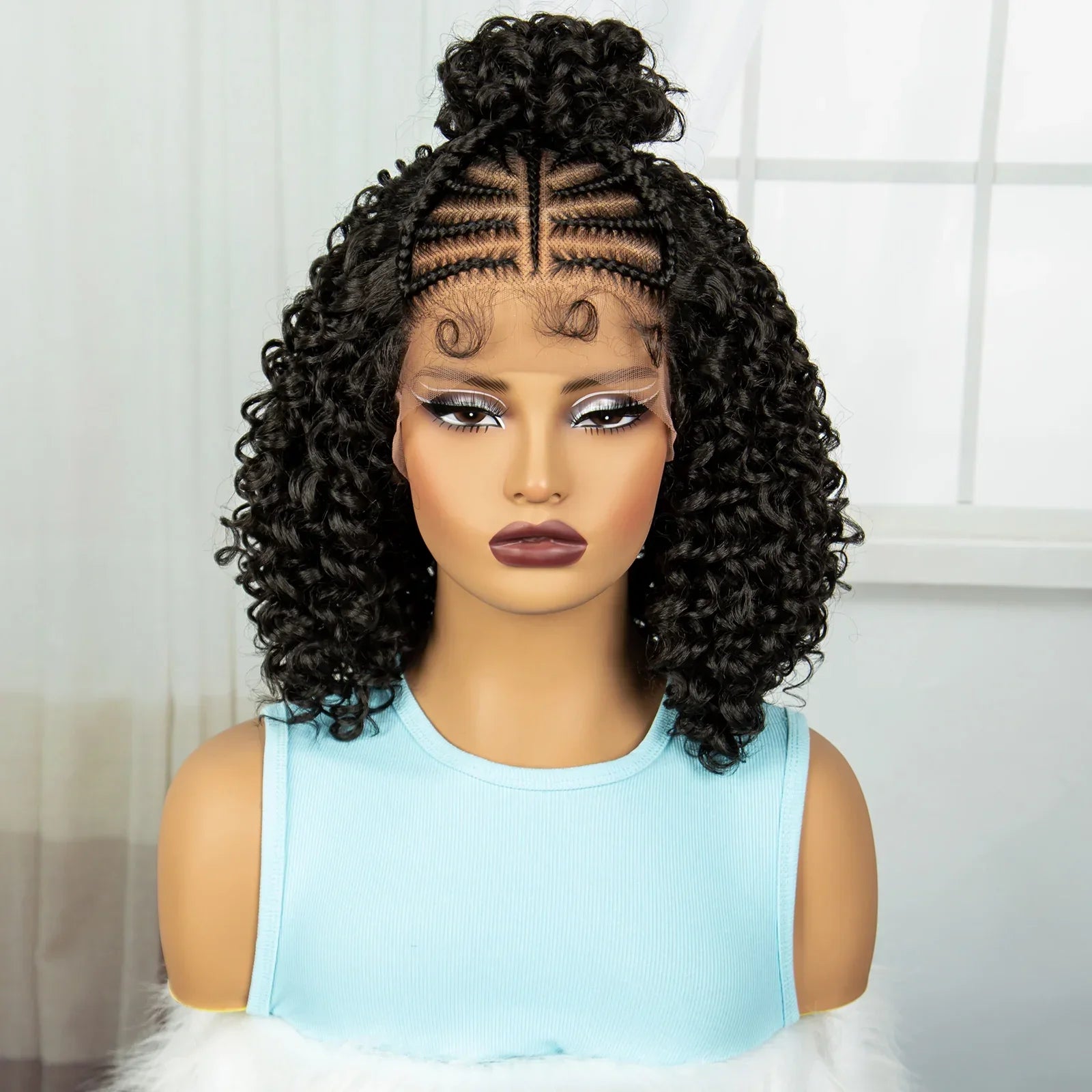 16" Cornrow Braids Wig with Afro Kinky Curly Ends | Knotless Lace Front | Baby Hair