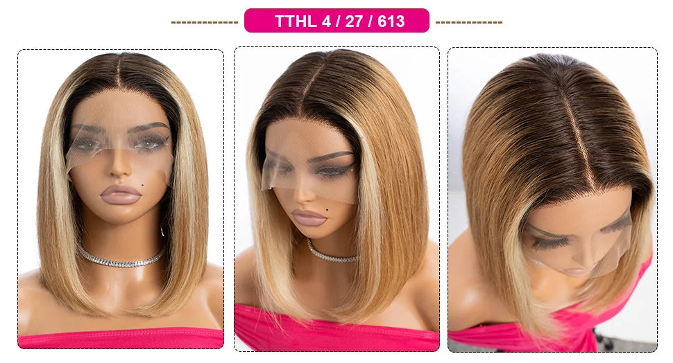 180% Density Dark Root Ginger Ombre Straight Bob Wig | Transparent T-Part Lace Front Human Hair