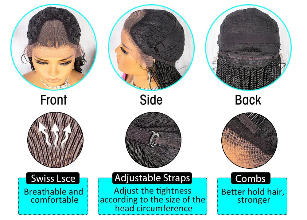 30" Twist Braided Lace Front Wig | Knotless Braids | Long Straight Hair | Heat Resistant Synthetic Wig | For Black Women