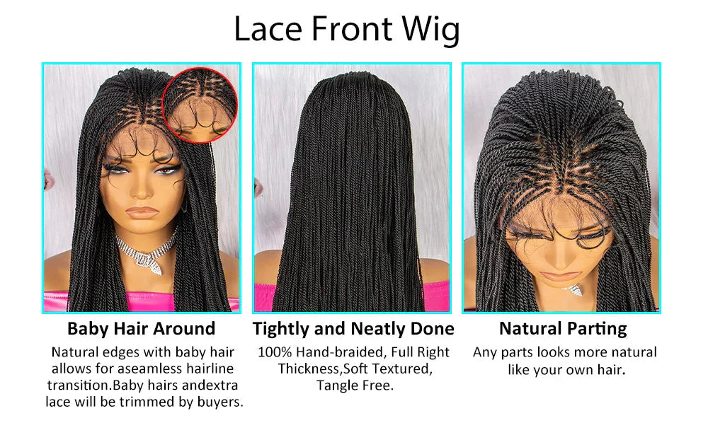 30" Twist Braided Lace Front Wig | Knotless Braids | Long Straight Hair | Heat Resistant Synthetic Wig | For Black Women