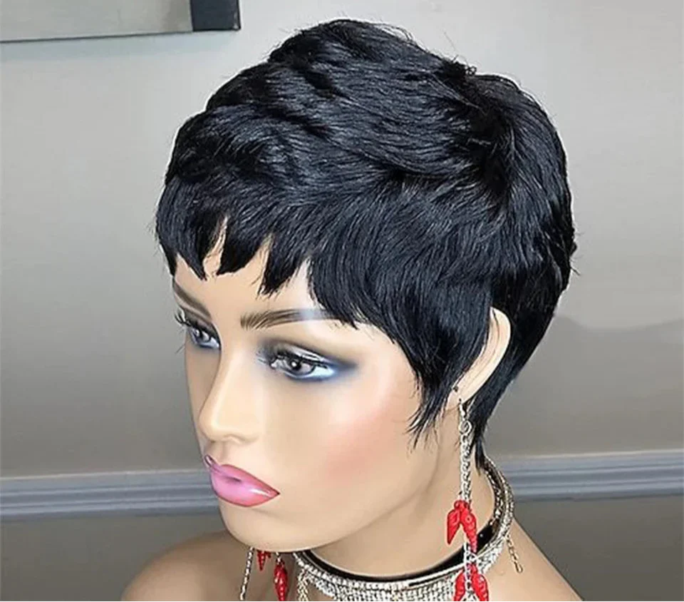 180% Density Natural Black Pixie Bob Wig with Bangs | Short Straight Human Hair (with optional Wine Blonde 99J)