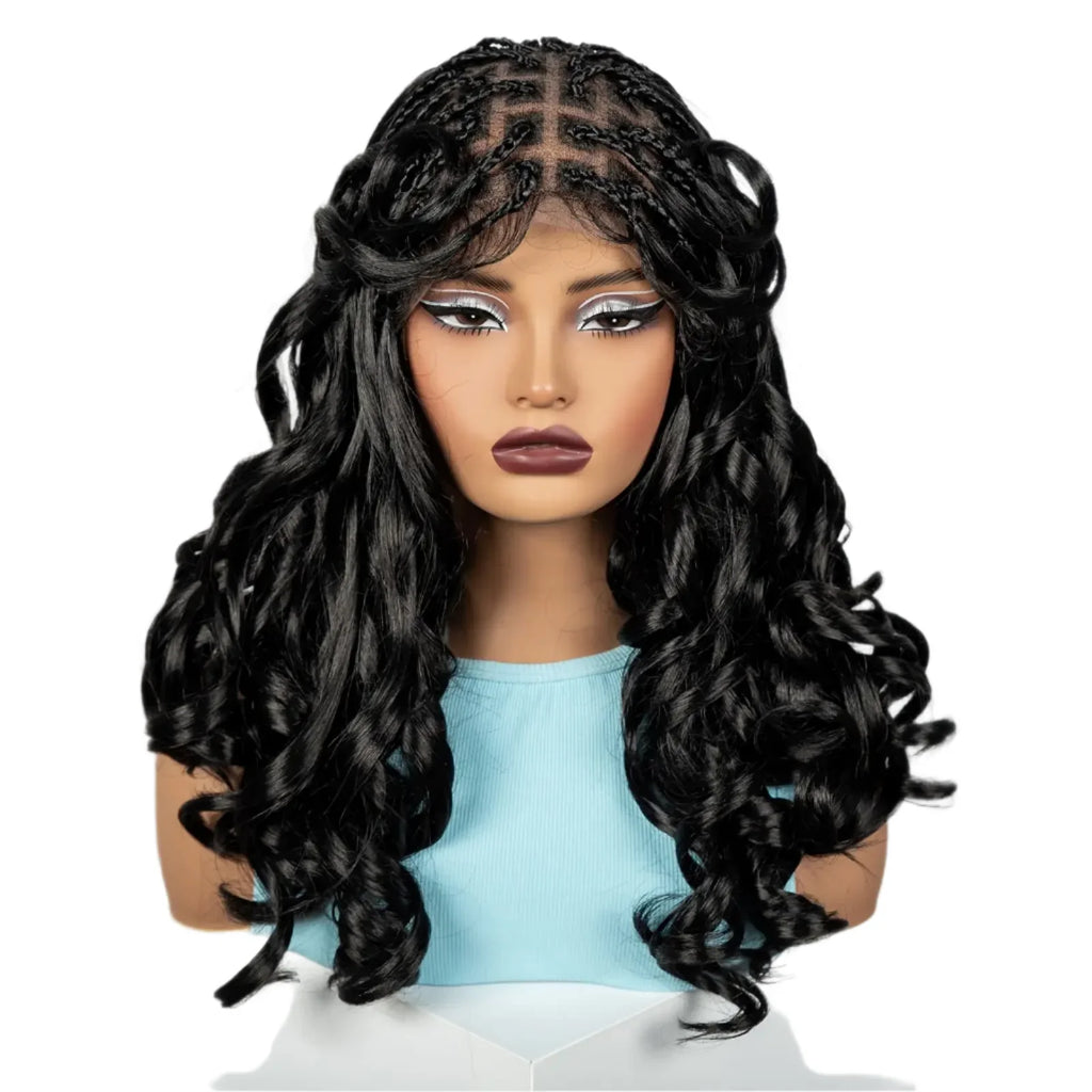 18" #27 Ombre Bouncy Wavy Braided Wig with Bangs | Knotless Box Braids | Full Lace Synthetic Wig with Baby Hair