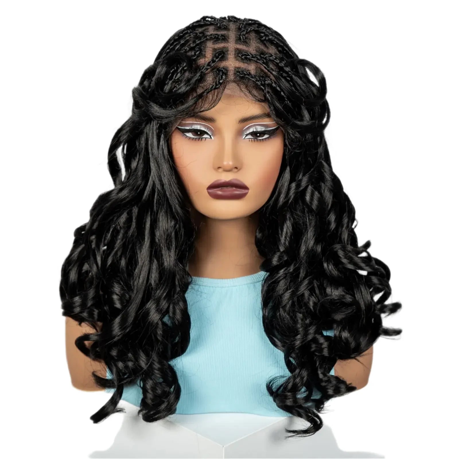 18" #27 Ombre Bouncy Wavy Braided Wig with Bangs | Knotless Box Braids | Full Lace Synthetic Wig with Baby Hair