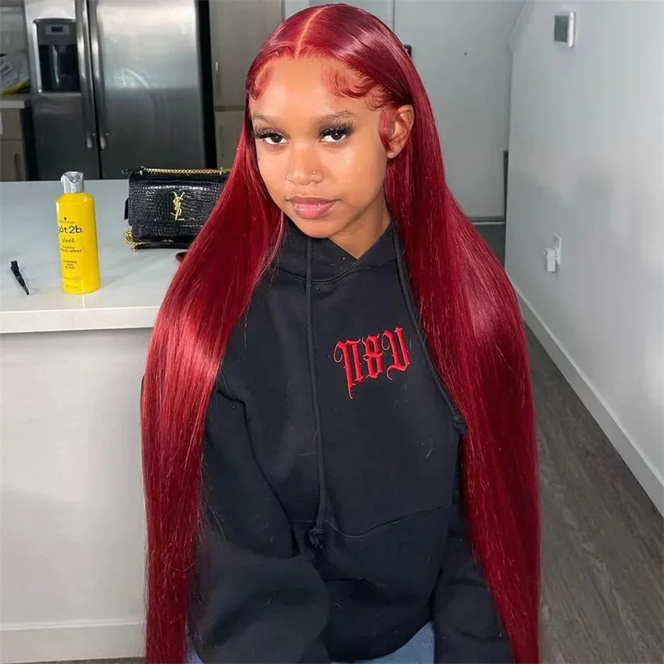 30 Inch Burgundy Bone Straight 13x4 Lace Front Wig | 13x6 HD Lace Frontal Human Hair Wig for Women (Colored)