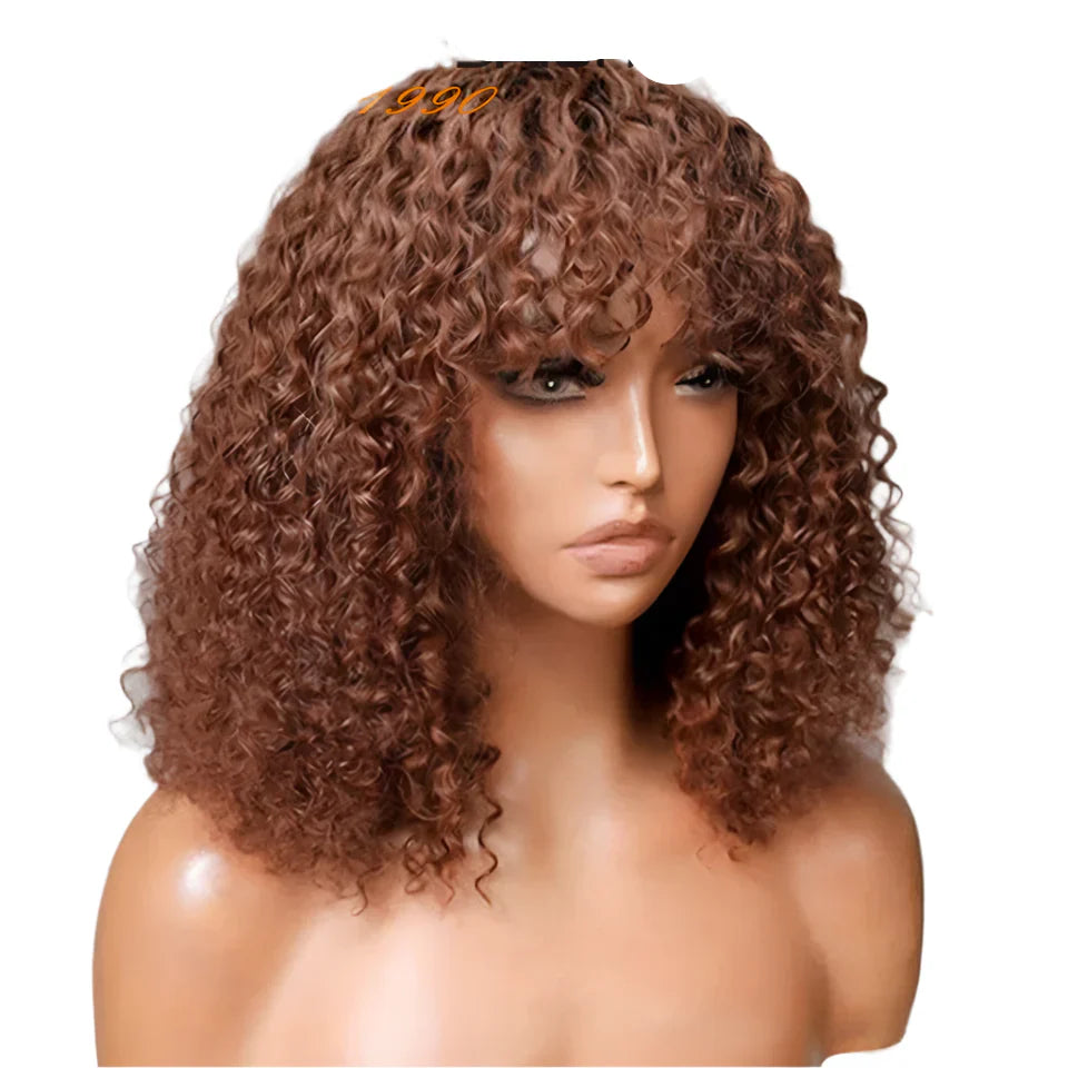 180% Density Honey Blonde Highlight Jerry Curly Pixie Bob Wig with Bangs