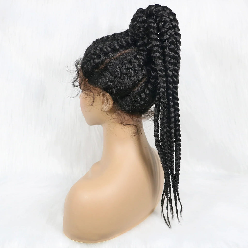 24" Box Braids 360 Lace Front Wig | Ponytail Style | Baby Hair | Synthetic African Braiding Hair