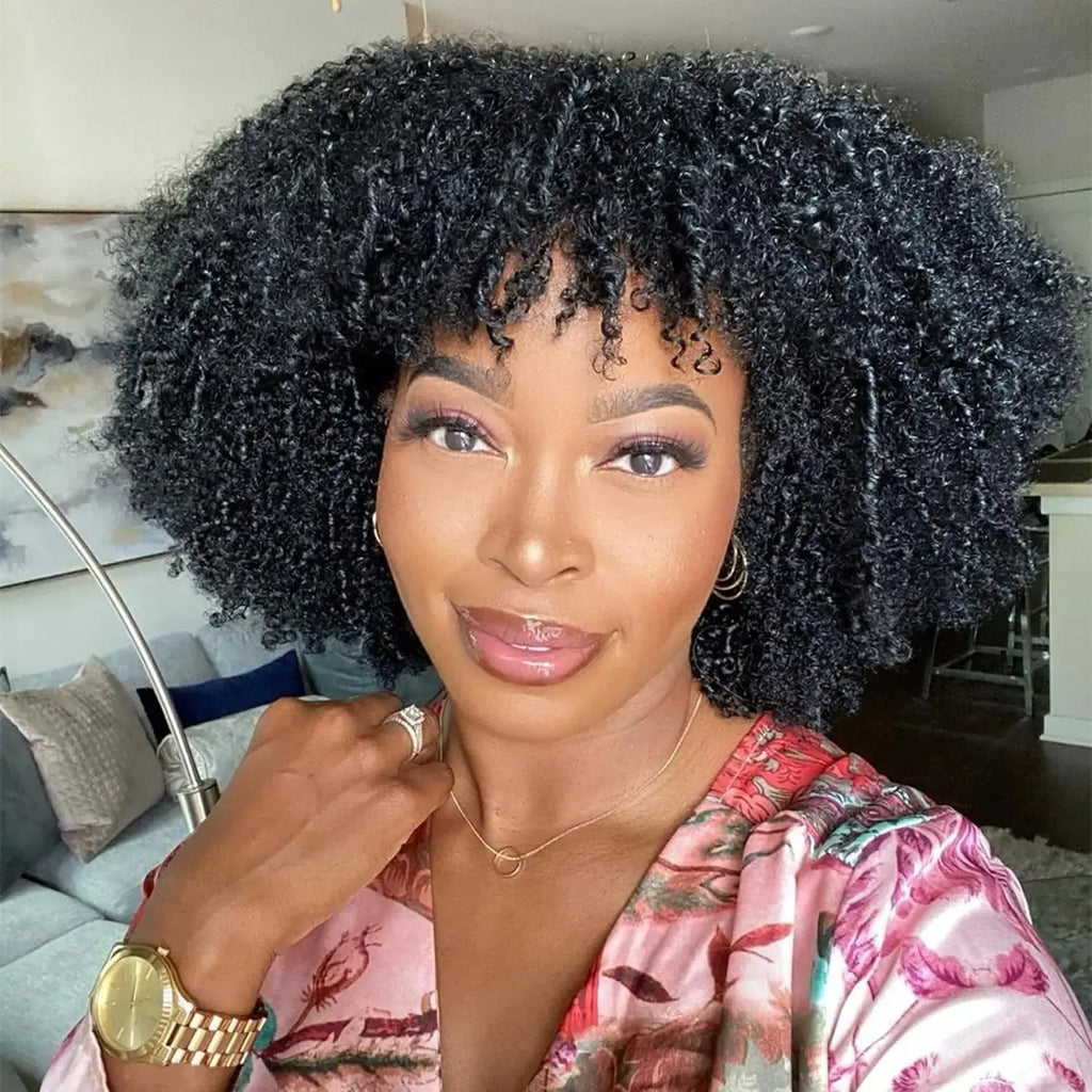 Afro Kinky Curly Human Hair Wig with Bangs | Brazilian Remy Hair | Short Curly Wig