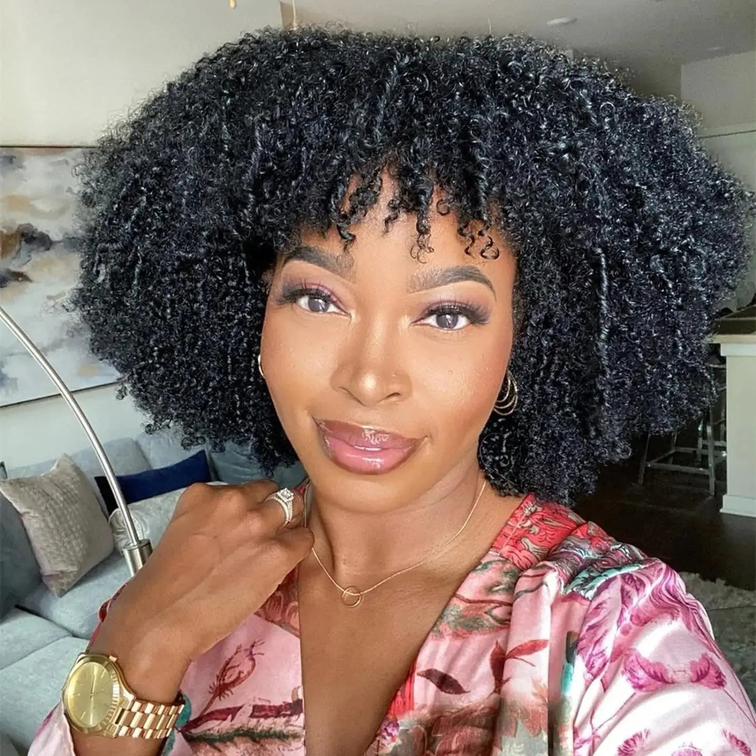 Afro Kinky Curly Human Hair Wig with Bangs | Brazilian Remy Hair | Short Curly Wig