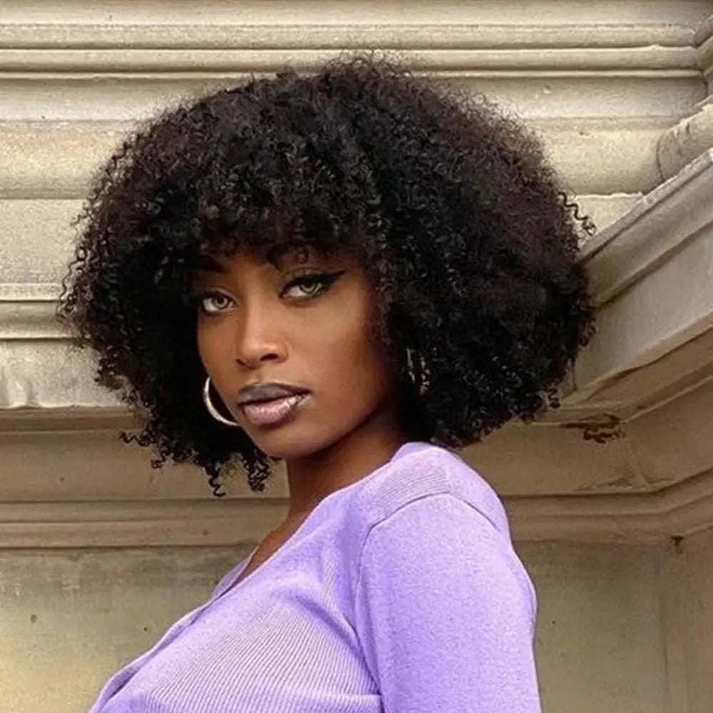 Afro Kinky Curly Human Hair Wig with Bangs | Brazilian Remy Hair | Short Curly Wig