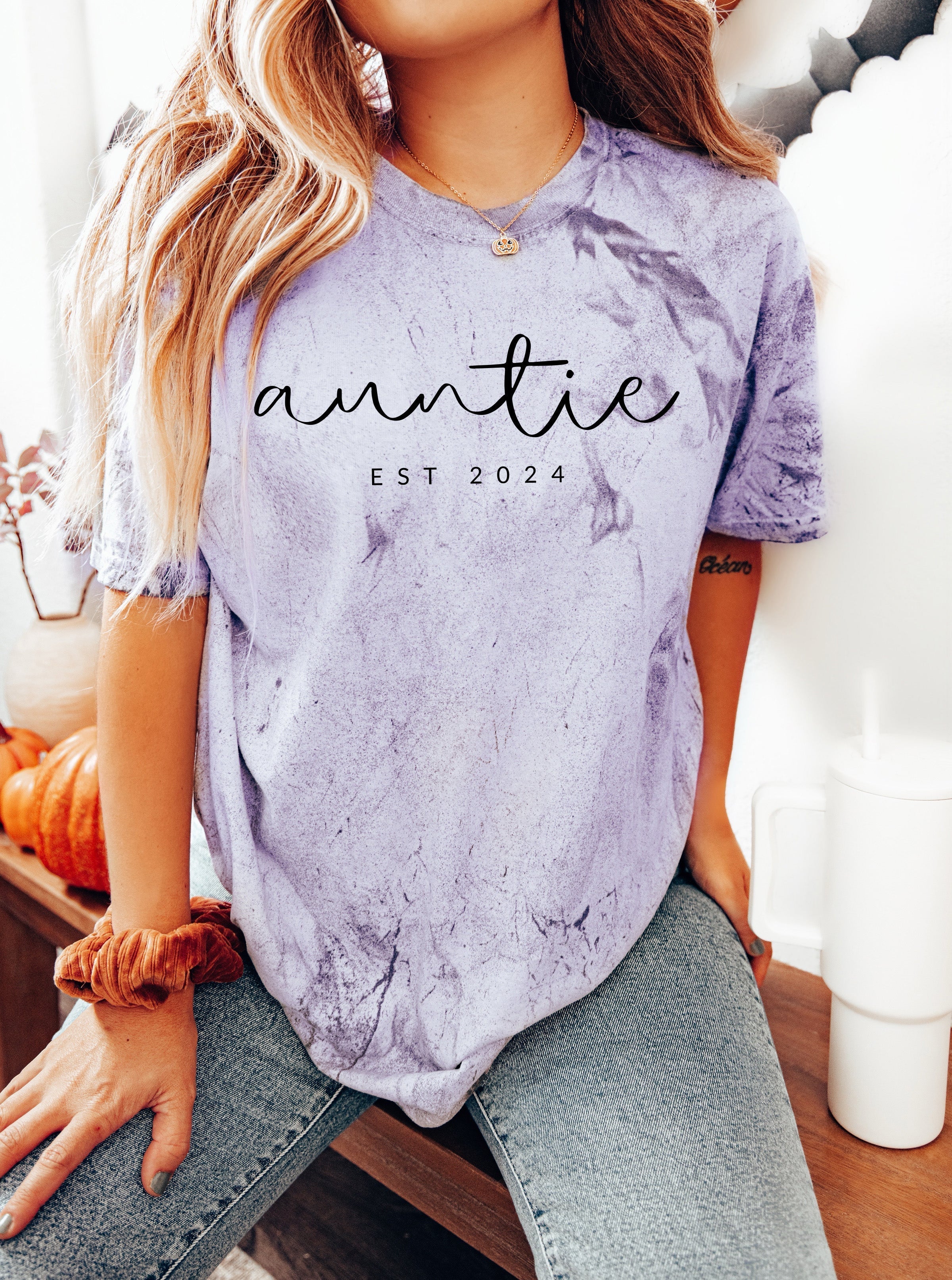 Auntie Personalized Est Year Comfort Colors Graphic Tees (Cursive)