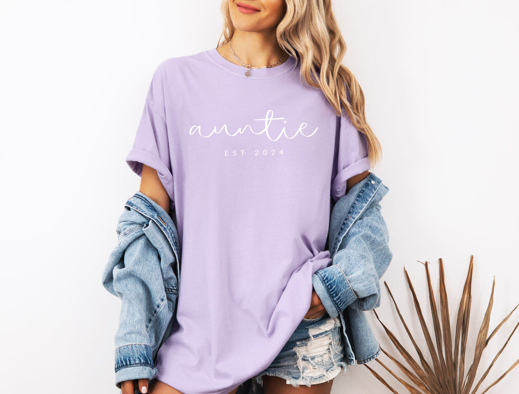 Auntie Personalized Est Year Comfort Colors Graphic Tees (Cursive)