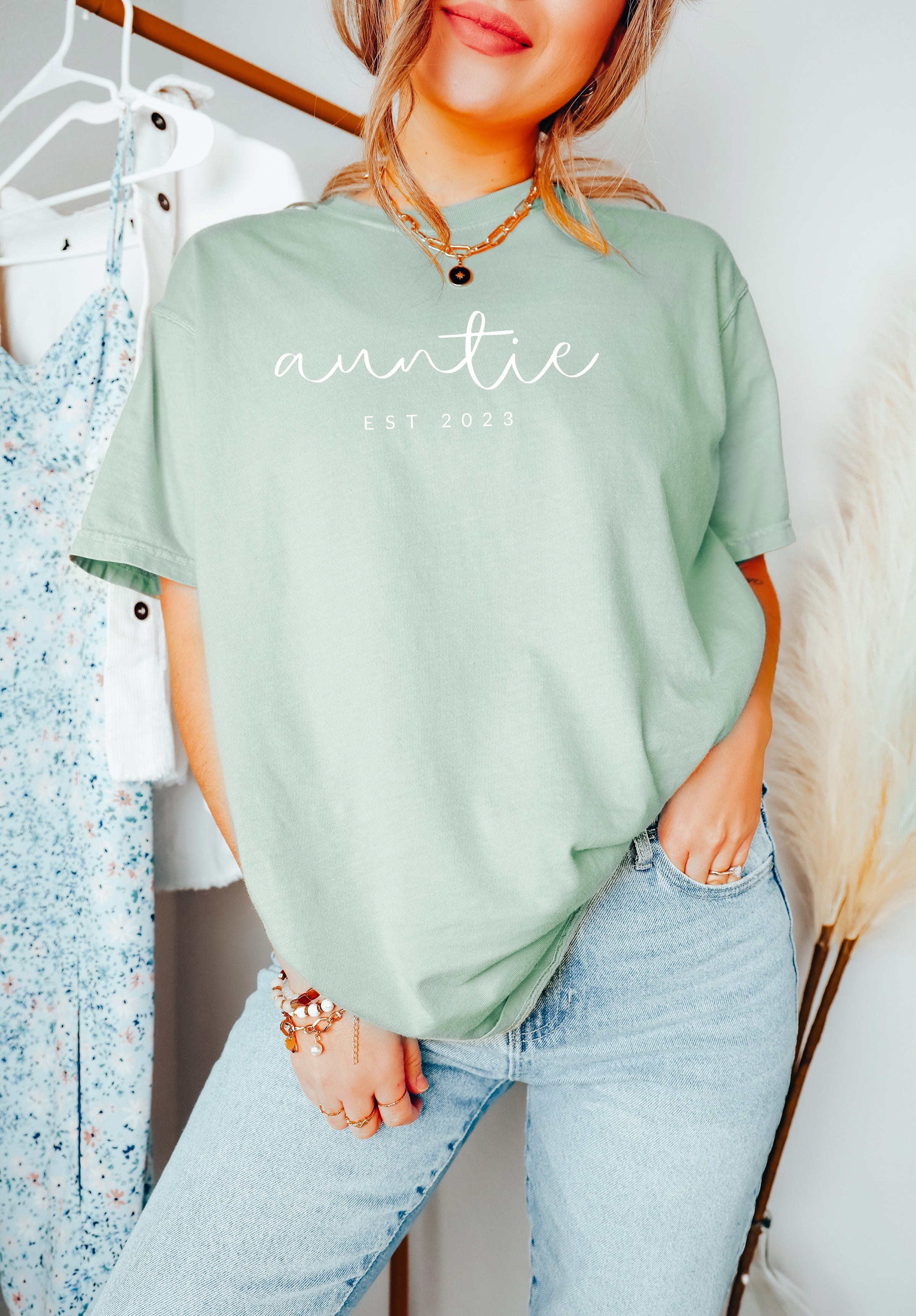 Auntie Personalized Est Year Comfort Colors Graphic Tees (Cursive)