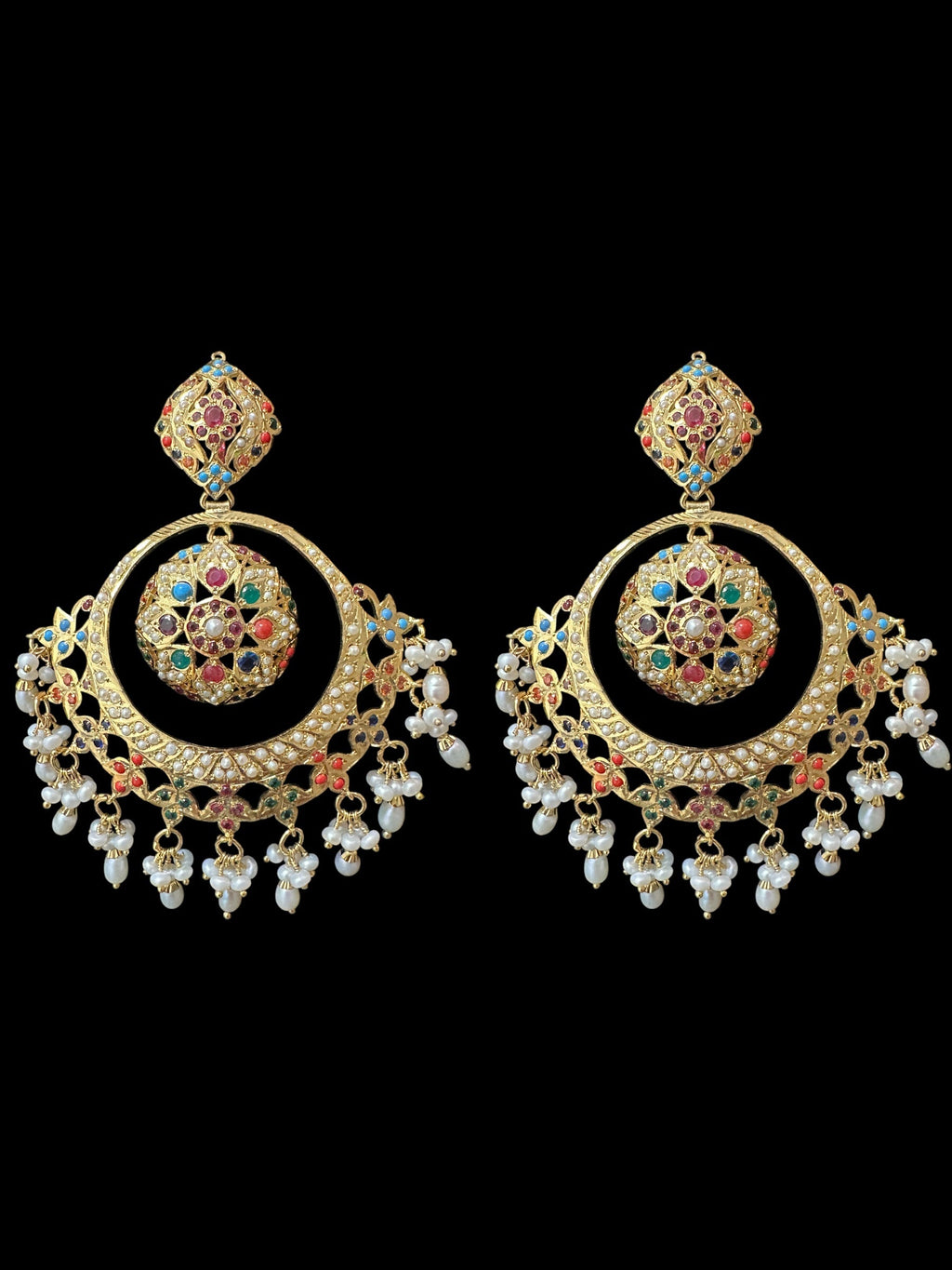 92.5 Silver Gold-Plated Earrings in Navratan with Freshwater Pearls â€?Handcrafted Jadau chandbali (READY TO SHIP )