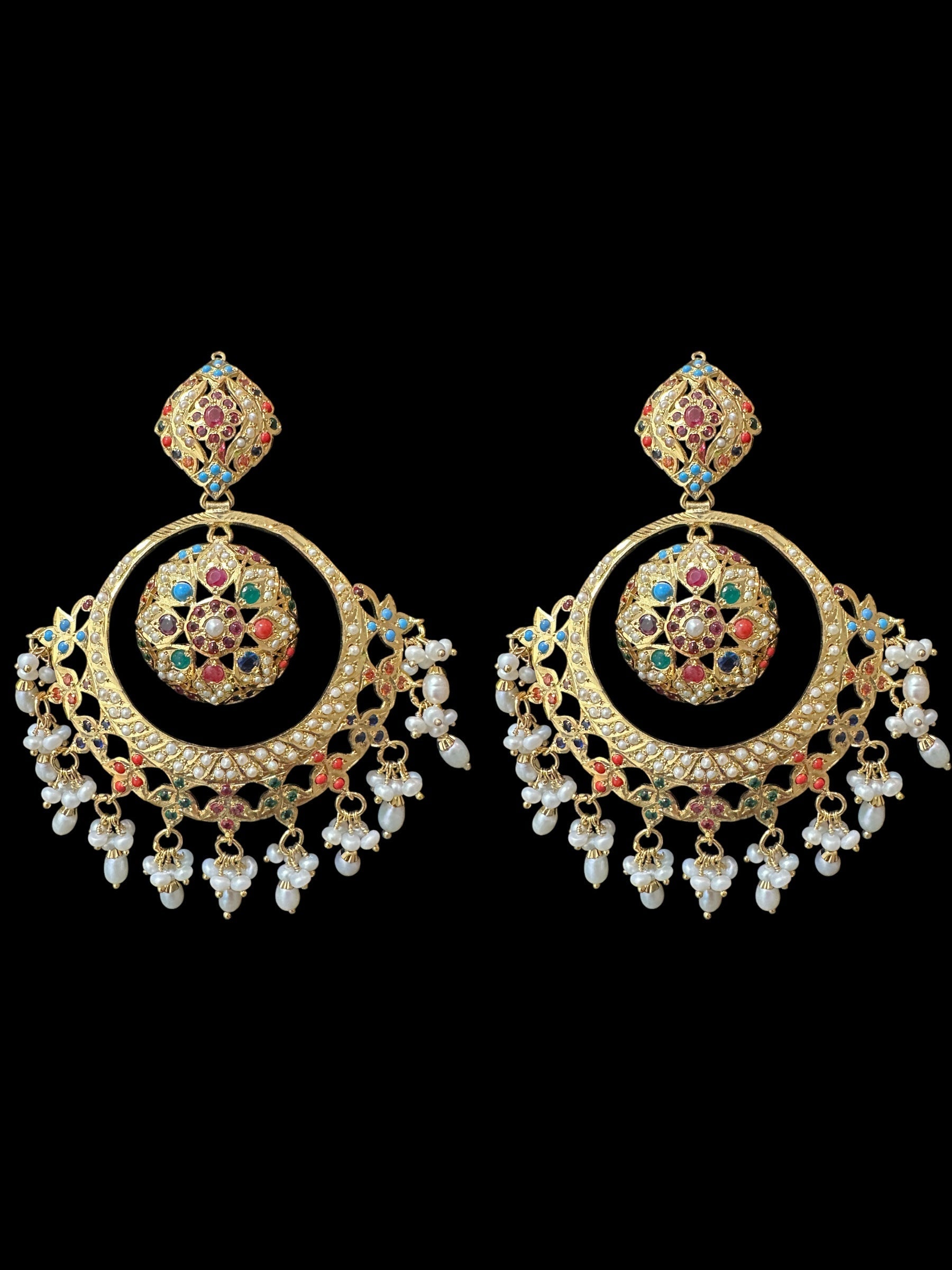 92.5 Silver Gold-Plated Earrings in Navratan with Freshwater Pearls â€?Handcrafted Jadau chandbali (READY TO SHIP )