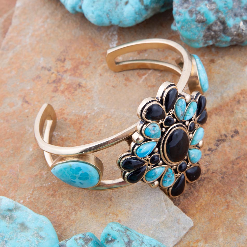 Barcelona Blue Turquoise Black Onyx Golden Cuff Bracelet