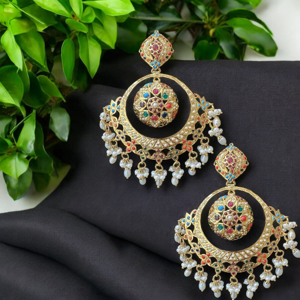 92.5 Silver Gold-Plated Earrings in Navratan with Freshwater Pearls â€?Handcrafted Jadau chandbali (READY TO SHIP )