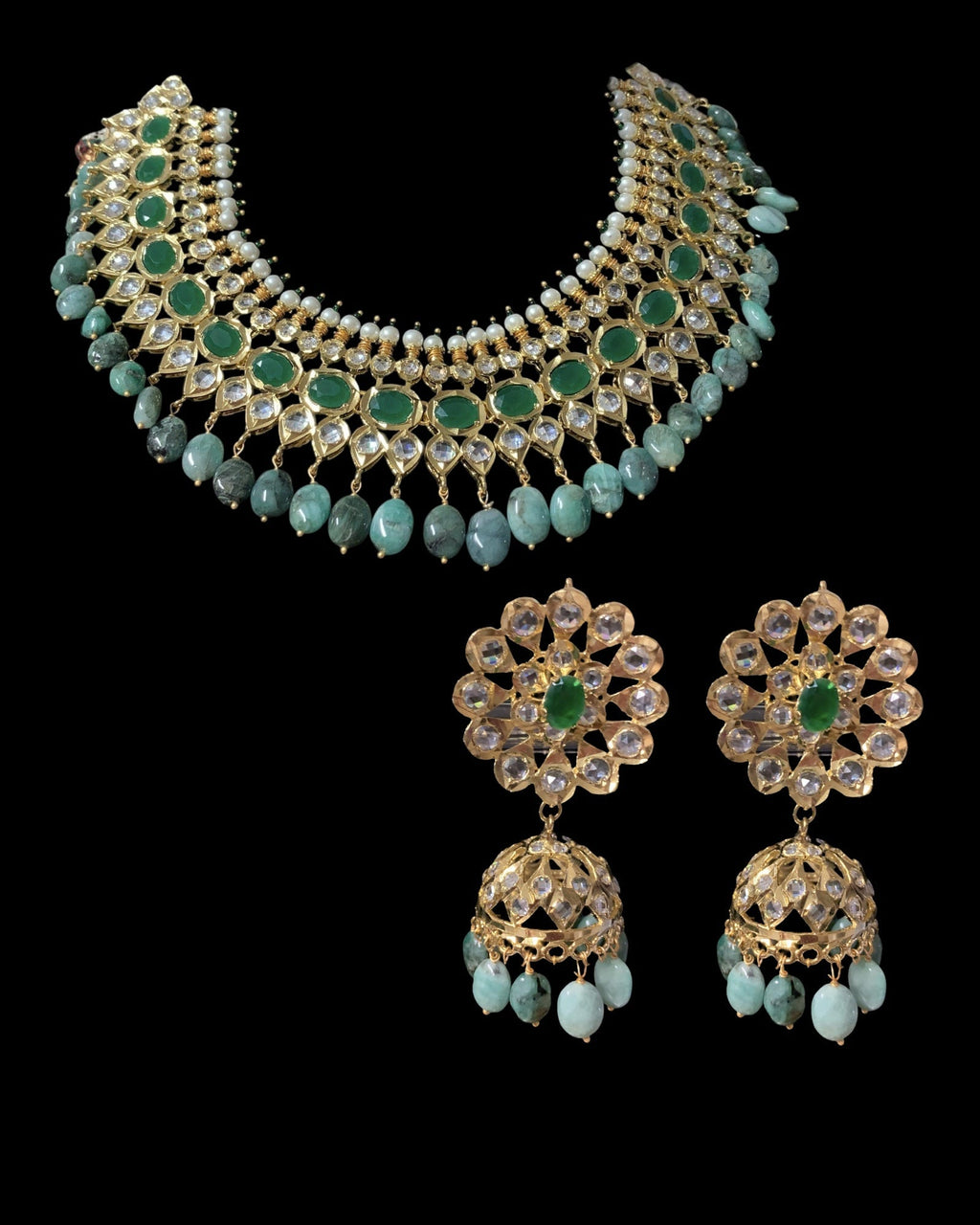 Aleezay necklace set with real emerald beads  (SHIPS IN 2 WEEKS)