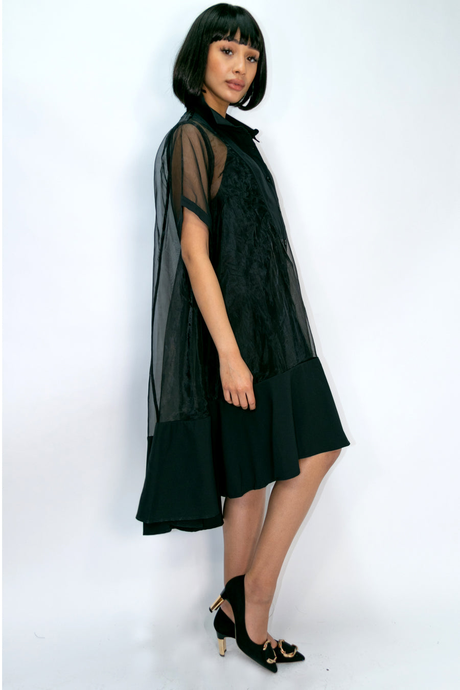 Short Sleeve High Low Button Down Chiffon Dress