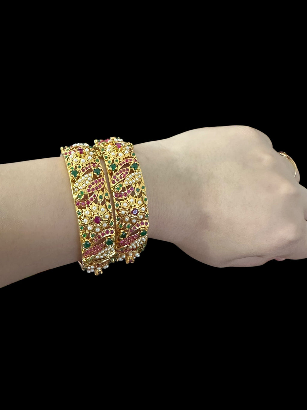 B810 Jadau bangles in ruby emerald pearl ( READY TO SHIP )