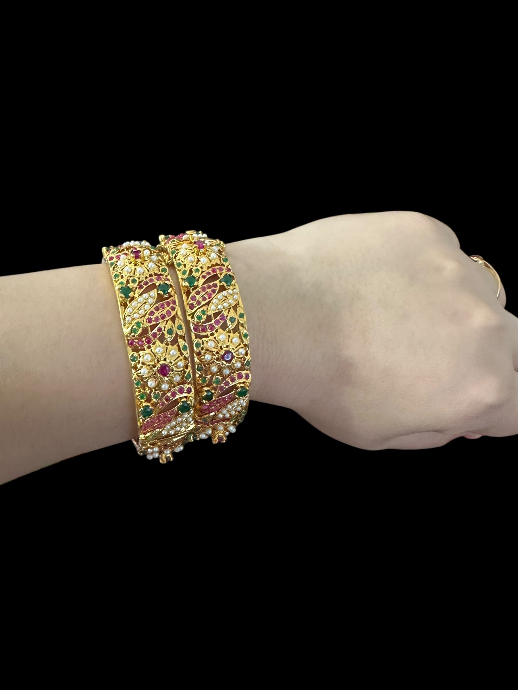B810 Jadau bangles in ruby emerald pearl ( READY TO SHIP )